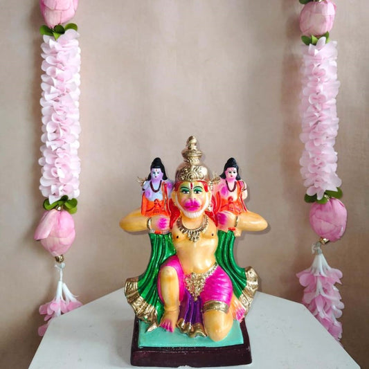 Handcrafted Navarathri Golu doll showing Hanuman carrying Lord Ram and Lakshman on his shoulders in vibrant colors.