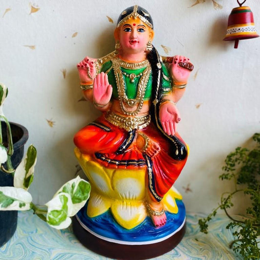 Handcrafted Bala Tripura Sundari (Balambigai) Navaratri Golu Doll seated on a lotus pedestal with vibrant colors and intricate details, perfect for festive decor.