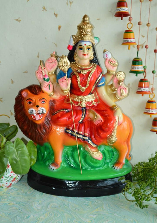 Handcrafted Goddess Durga on Lion Navaratri Golu Doll with vibrant colors, intricate detailing, and a traditional pose, perfect for festive displays.