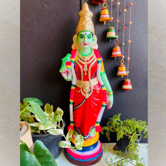 Handcrafted 21-inch Navaratri Golu Doll of Goddess Meenakshi in vibrant colors with traditional attire and a parrot.