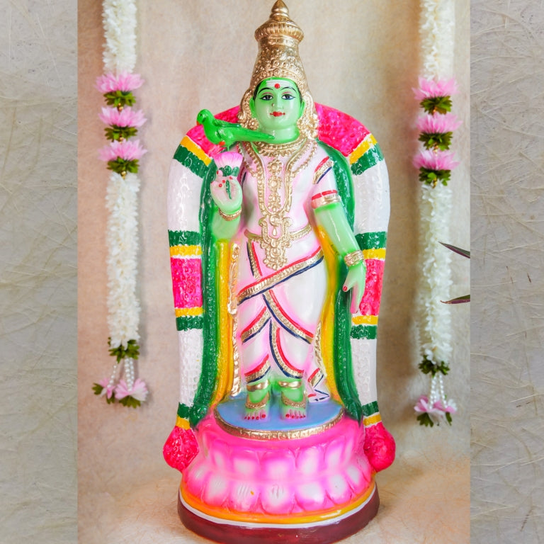 Handcrafted 21-inch Navaratri Golu Doll of Goddess Meenakshi in vibrant colors with traditional attire and a parrot.
