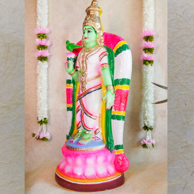 Handcrafted 21-inch Navaratri Golu Doll of Goddess Meenakshi in vibrant colors with traditional attire and a parrot.