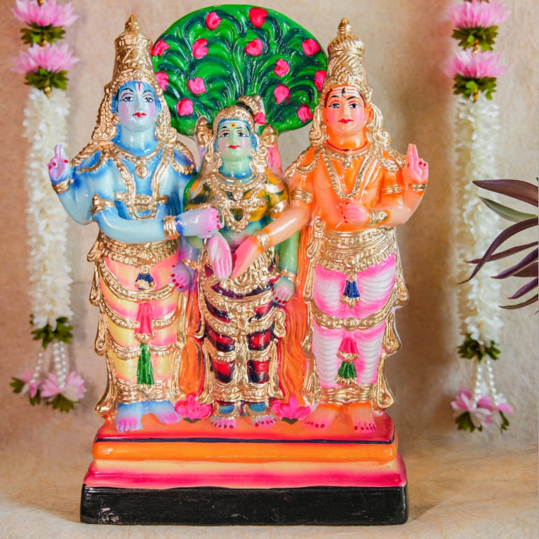 Hand-painted Navaratri Golu Doll of Lord Murugan with a peacock, standing in vibrant colors and traditional attire.