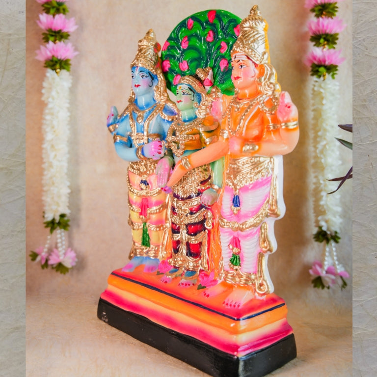 Hand-painted Navaratri Golu Doll of Lord Murugan with a peacock, standing in vibrant colors and traditional attire.