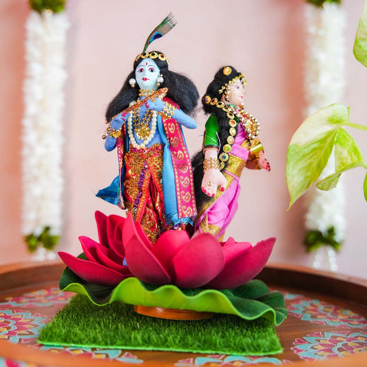 Navaratri Radha Krishna Dolls on a Lotus Base – Handcrafted Festive Decor for Golu Displays.
