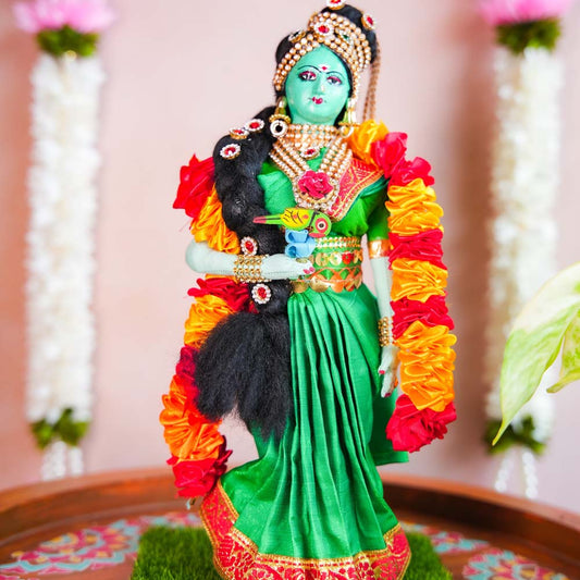 Goddess Meenakshi Costume Doll for Navaratri Golu Display in Traditional Attire with Parrot.