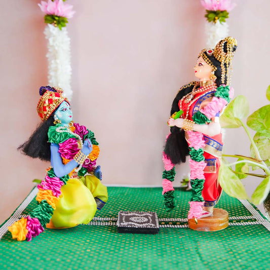 Andal & Kneeling Krishna Costume Dolls in Traditional Attire for Navaratri Golu Display.