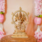 Chakrathalwar brass idol of Lord Vishnu with Sudarshana Chakra, displayed with floral decorations, showcasing intricate craftsmanship.
