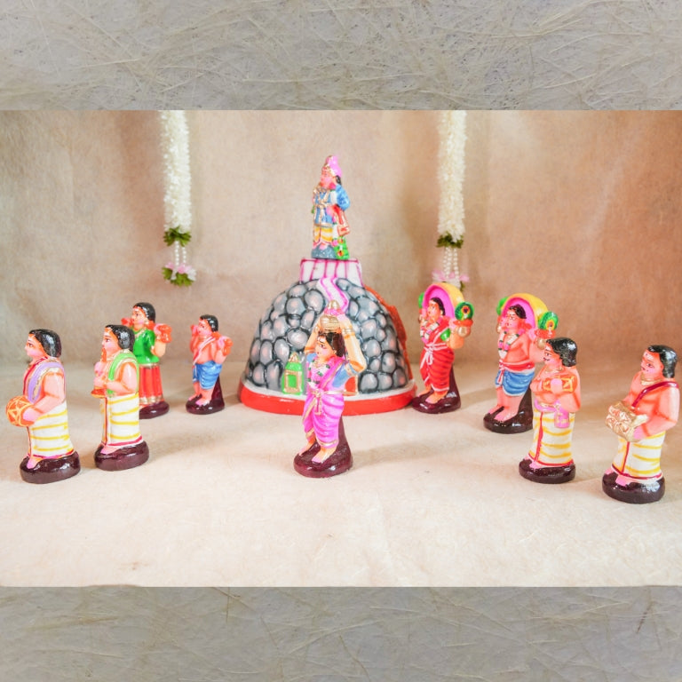 Handcrafted Navarathri Golu dolls - Murugan Pazhani Malai set depicting Lord Murugan on Palani Hills with pilgrims.