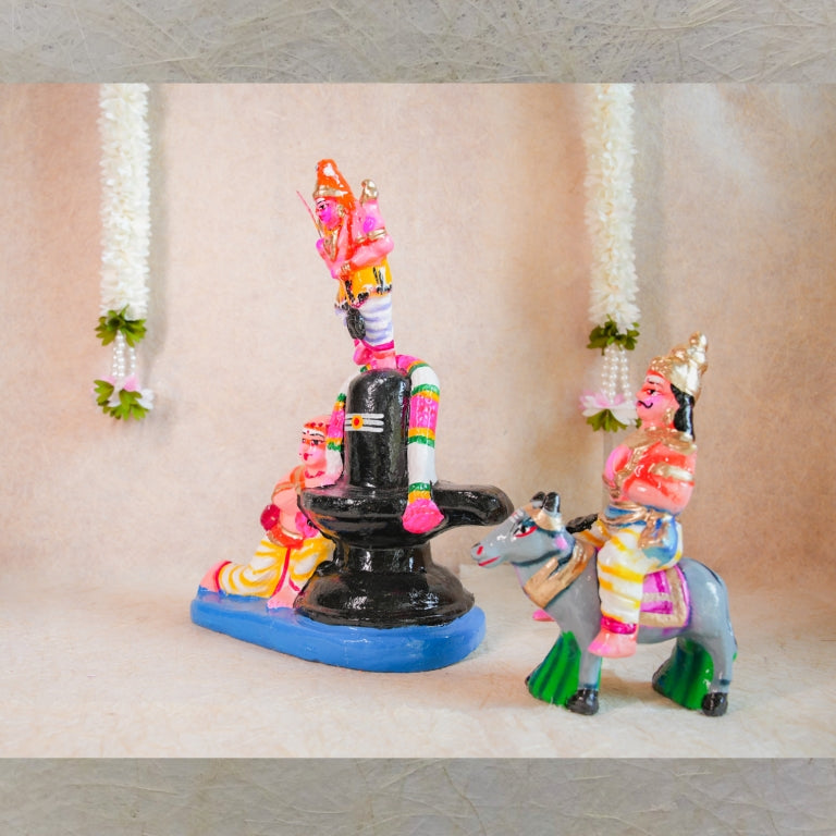 Handcrafted Navarathri Golu doll set featuring Lord Shiva, Markandeya, Yama on a buffalo, and the Shivalinga.