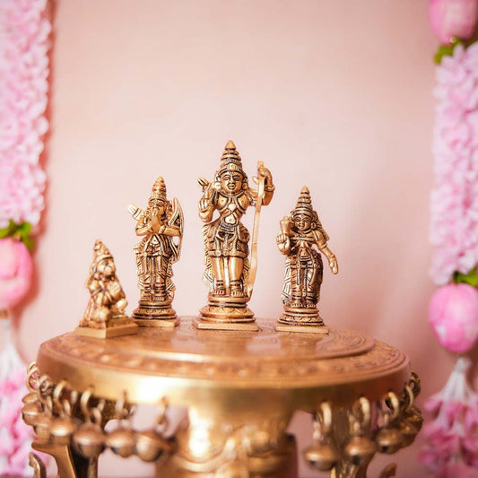 Handcrafted Brass Ram Durbar Set featuring intricately detailed figurines of Lord Rama, Sita, Lakshmana, and Hanuman.