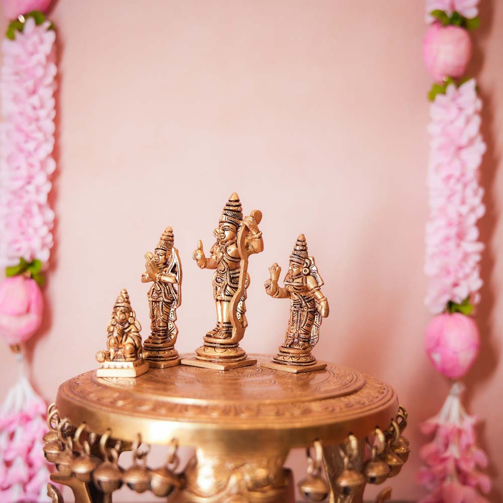 Handcrafted Brass Ram Durbar Set featuring intricately detailed figurines of Lord Rama, Sita, Lakshmana, and Hanuman.