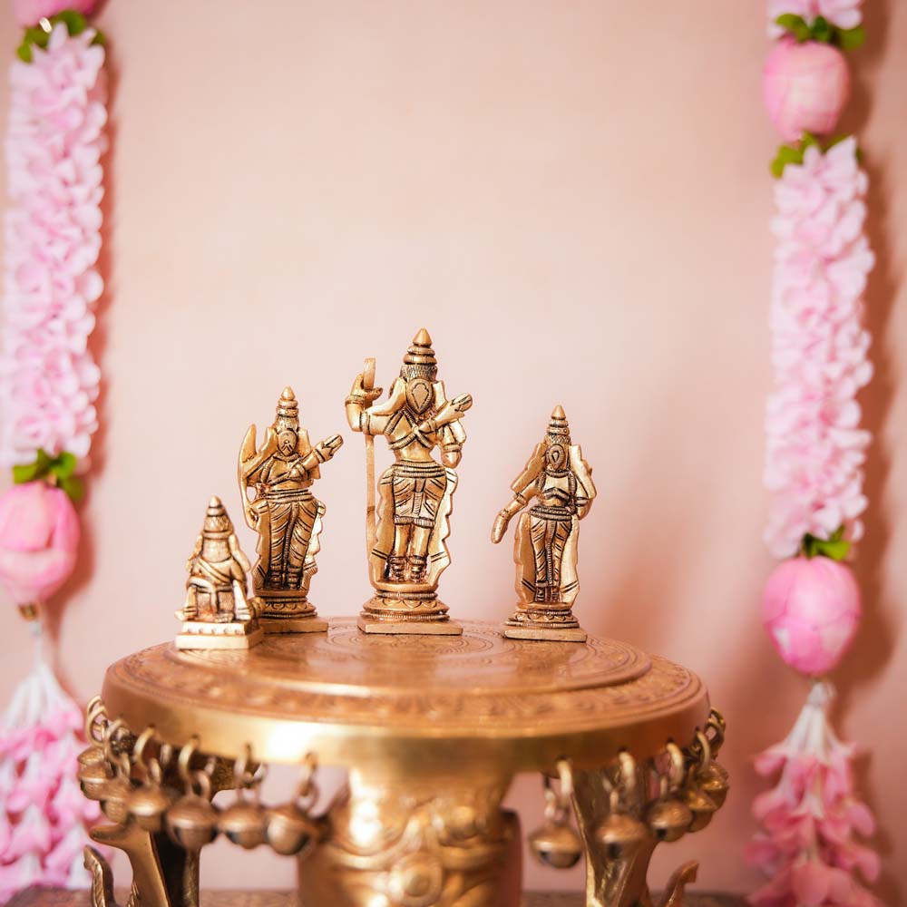 Handcrafted Brass Ram Durbar Set featuring intricately detailed figurines of Lord Rama, Sita, Lakshmana, and Hanuman.