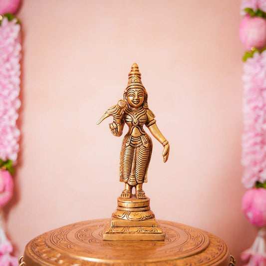 Handcrafted Small Brass Meenakshi Idol holding a parrot, intricately detailed, perfect for home temples or Navaratri decor.
