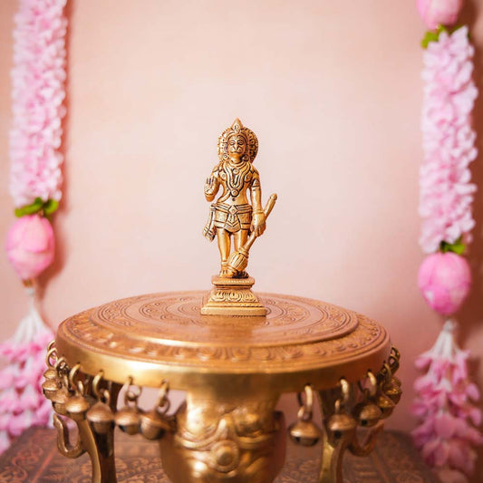 Handcrafted Brass Hanuman Idol holding a mace, intricately detailed, ideal for home temples and spiritual decor.