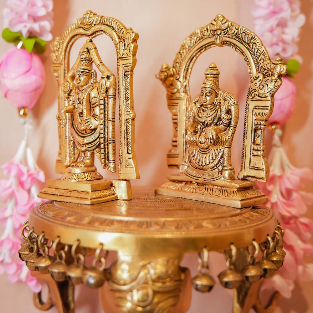 Handcrafted Brass Perumal Set featuring idols of Lord Vishnu and Goddess Lakshmi with intricate arch designs, perfect for home temples and festive decor.