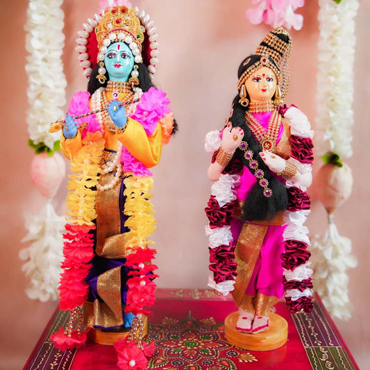 Navaratri Radha Krishna Standing Dolls in Vibrant Traditional Costumes – Perfect for Festive Golu Displays.