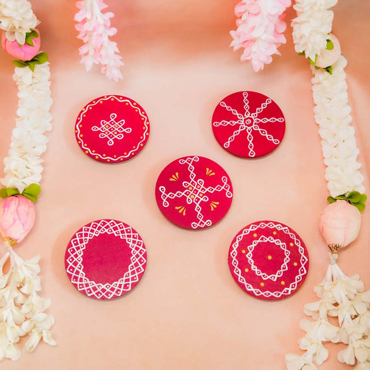 Set of 2 handcrafted Round Kolam Manai in Red with white kolam designs, ideal for pooja decor and festive occasions.