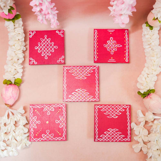 Set of 2 handcrafted Square Kolam Manai in yellow with red kolam patterns, perfect for pooja or festive decor.