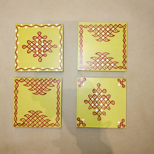 Set of 2 handcrafted Square Kolam Manai in yellow with red kolam patterns, perfect for pooja or festive decor.