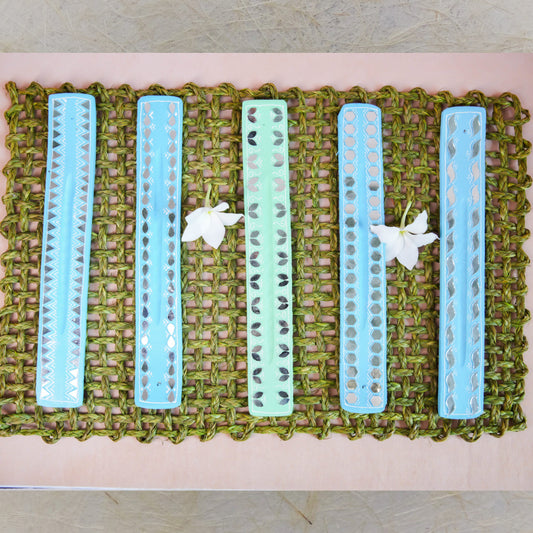 Handcrafted Lippan Art Mirror Incense Stick Holders in pastel shades, featuring intricate mirror and design patterns, displayed on a woven mat.