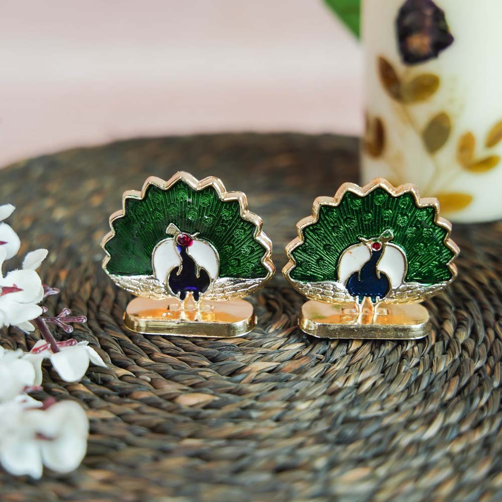 Miniature Peacock Decor Set with Golden Finish, Green Feather Design, and Enamel Detailing.
