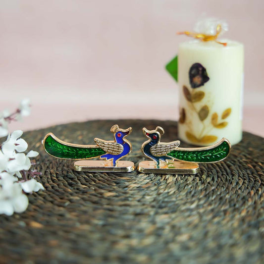Miniature Peacock Decor Set with Golden Finish, Green Feathers, and Multicolor Enamel Detailing.