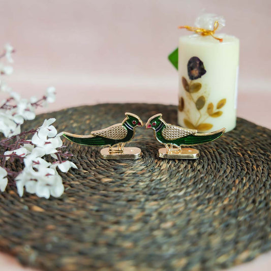 Miniature Parrot Decor Set with Golden Finish and Green Enamel Detailing.