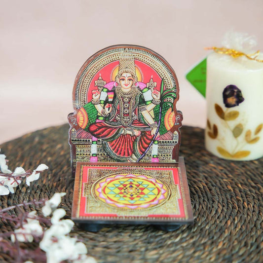 Mariamman Diya Wall Stand with vibrant hand-painted art of Goddess Mariamman and a detailed Sri Yantra design base.