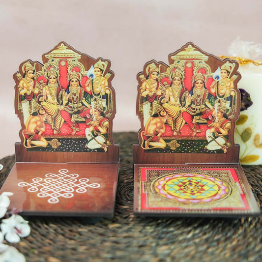 Ramar Diya Wall Stand with a kolam and Sri Yantra base, showcasing a vibrant depiction of Lord Rama and family for puja and home decor.