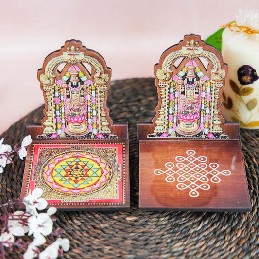 Perumal Diya Wall Stand with assorted designs featuring Sri Yantra and kolam pattern bases for puja decor.