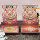 Gajalakshmi Diya Wall Stand featuring Goddess Gajalakshmi seated on a lotus with elephants, paired with a wooden base showcasing Sri Yantra and kolam designs.