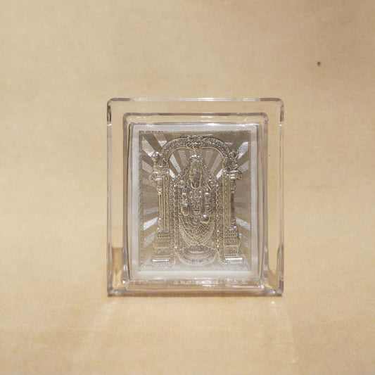 Silver Balaji Frame in a Transparent Stand with Detailed Silver Depiction of Lord Balaji.