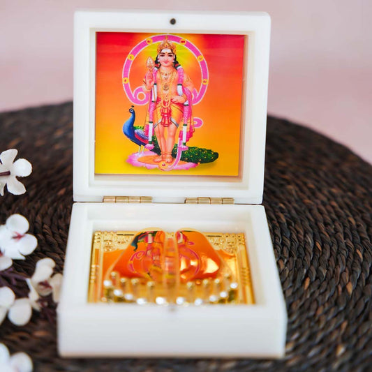 Murugan Paduka in a Decorative Box with Golden Base and Image of Lord Murugan with a Peacock.