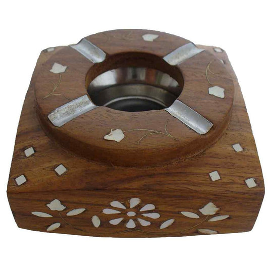 Wooden Ashtray With Inlaid Mother-Of-Pearl And Metal Insert