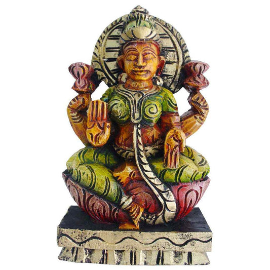 Handcrafted Wooden Lakshmi Statue – Goddess Of Prosperity On Lotus Pedestal
