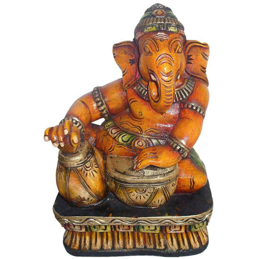 Handcrafted Wooden Musical Ganesha Playing Mridangam – Folk Art Decor Idol