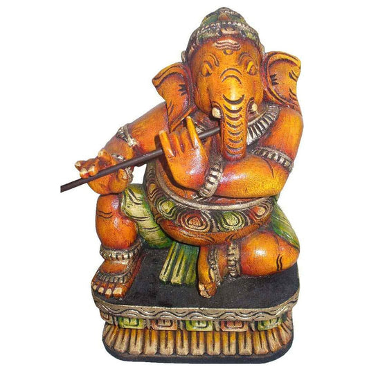 Handcrafted Wooden Musical Ganesha Playing Flute – Tribal Art Home Decor