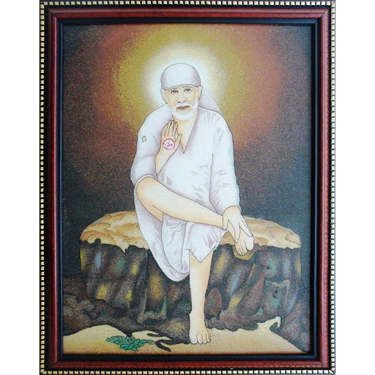 Sai Baba Sitting On Rock – Framed Spiritual Art