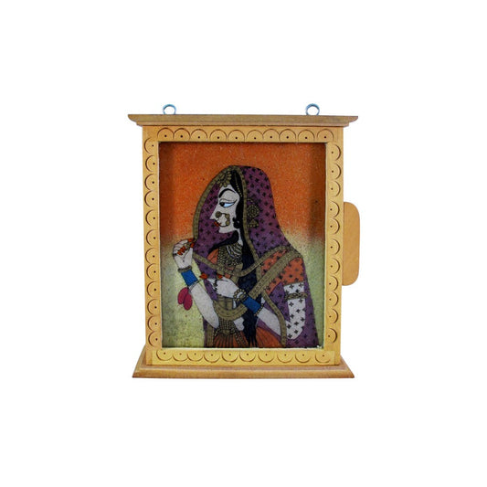 Handcrafted Wooden Key Holder Box With Gemstone Painting – Rajasthani Lady Design