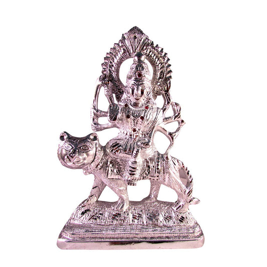 Silver-Toned Goddess Durga Idol On Lion – Shakti Murti For Strength & Protection