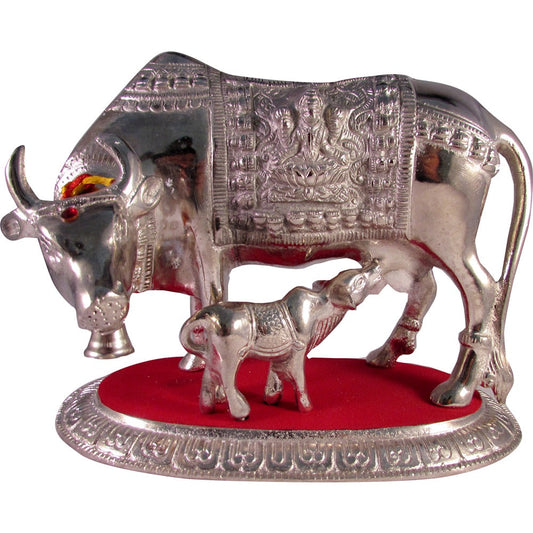 Silver-Finished Kamadhenu Cow And Calf Idol – Vedic Symbol Of Abundance