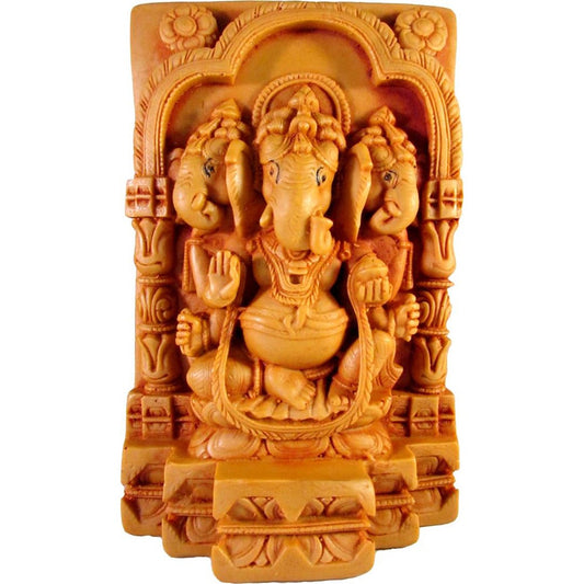 Chandan Three-Faced Ganesha Idol – Intricately Carved Wooden Look Statue