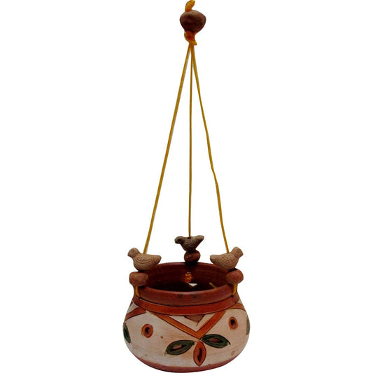Hand-Painted Earthen Hanging Planter With Bird Accents