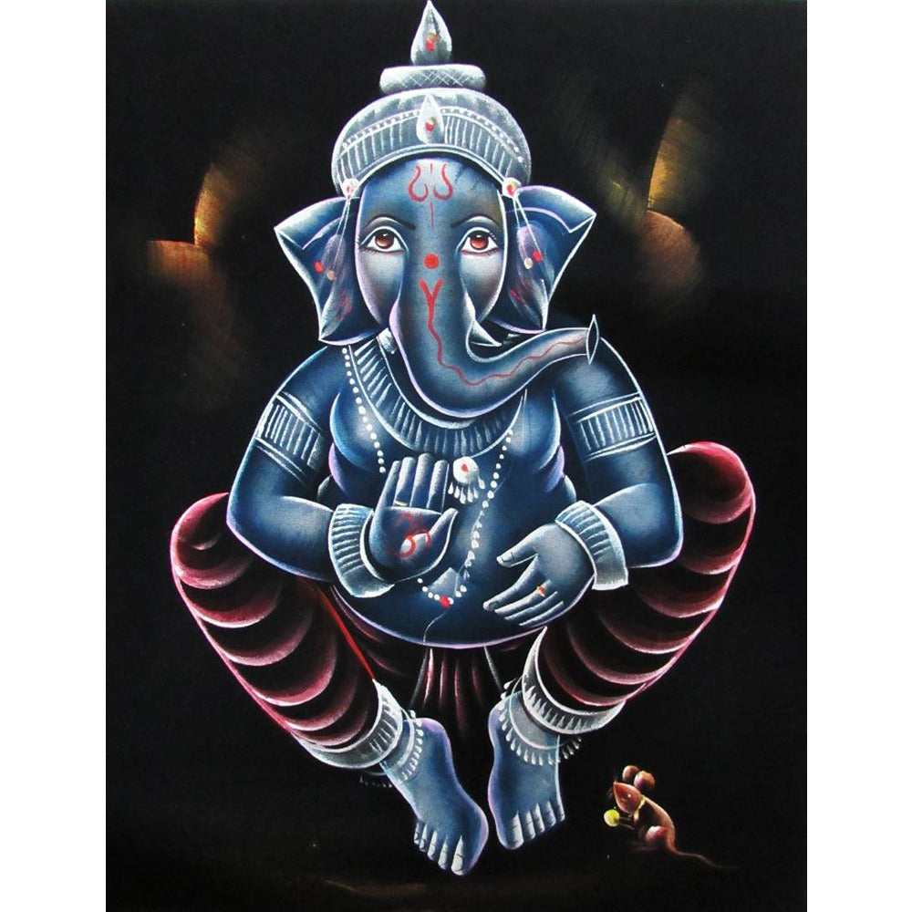 Blue Meditative Ganesha Black Satin Painting