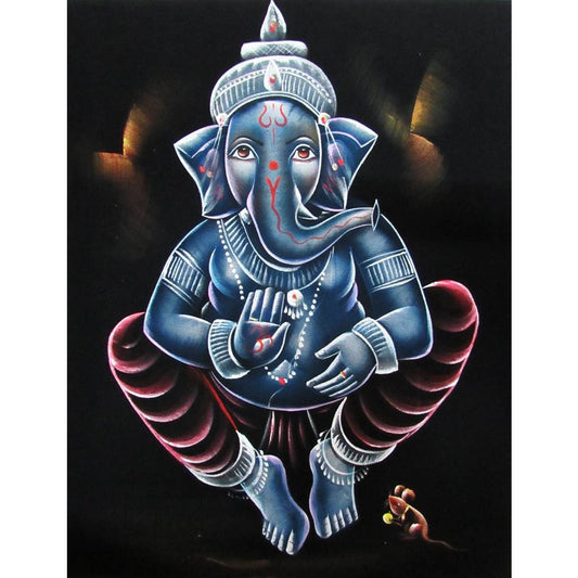 Blue Meditative Ganesha Black Satin Painting