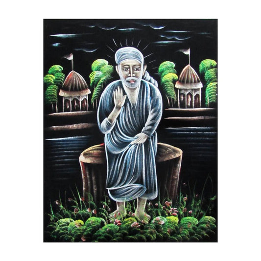 Serene Sai Baba Black Satin Painting