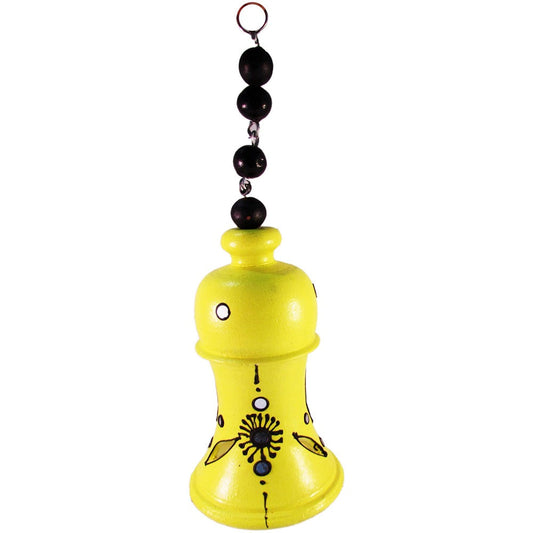 Hand-Painted Wooden Bell – Yellow With Beaded Hanging
