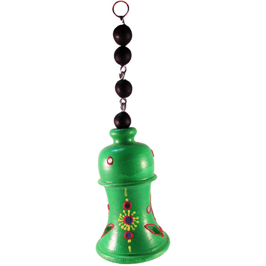Hand-Painted Wooden Bell – Green With Traditional Motifs And Bead Hanger