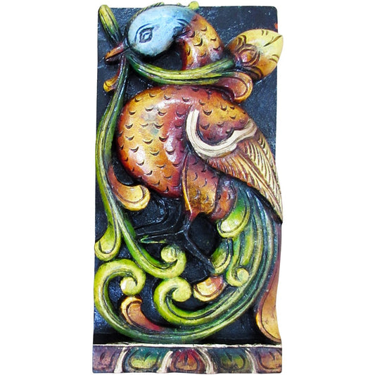 Hand-Carved Wooden Peacock Wall Panel – Folk Art Decor